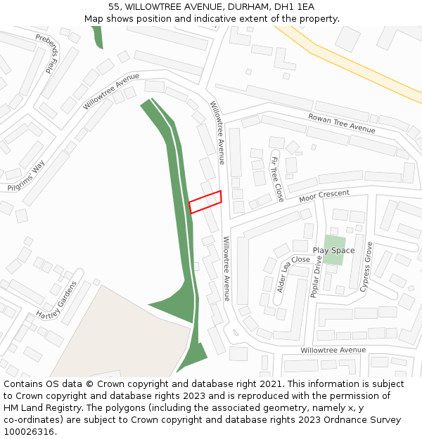 55, WILLOWTREE AVENUE, DURHAM, DH1 1EA: Location map and indicative extent of plot