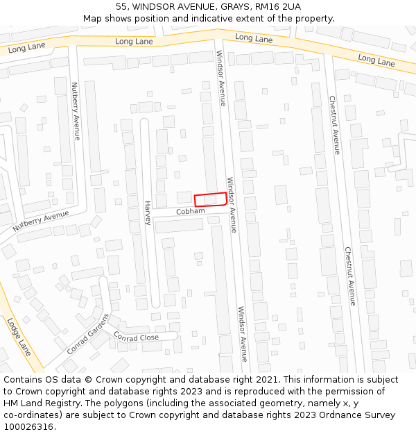 55, WINDSOR AVENUE, GRAYS, RM16 2UA: Location map and indicative extent of plot