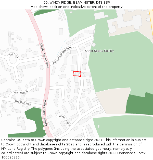 55, WINDY RIDGE, BEAMINSTER, DT8 3SP: Location map and indicative extent of plot