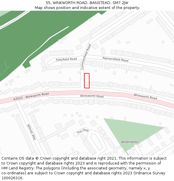 55, WINKWORTH ROAD, BANSTEAD, SM7 2JW: Location map and indicative extent of plot