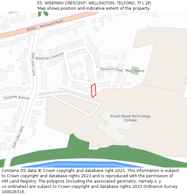 55, WISEMAN CRESCENT, WELLINGTON, TELFORD, TF1 2FJ: Location map and indicative extent of plot