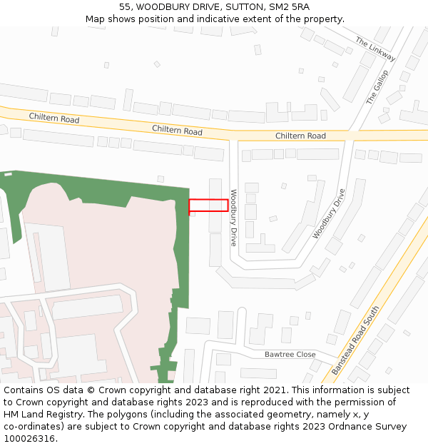 55, WOODBURY DRIVE, SUTTON, SM2 5RA: Location map and indicative extent of plot