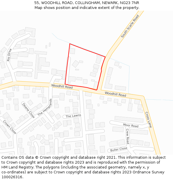 55, WOODHILL ROAD, COLLINGHAM, NEWARK, NG23 7NR: Location map and indicative extent of plot