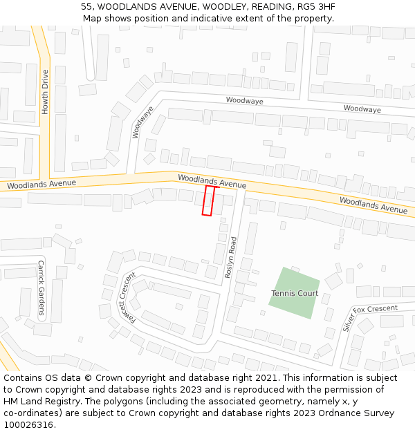 55, WOODLANDS AVENUE, WOODLEY, READING, RG5 3HF: Location map and indicative extent of plot