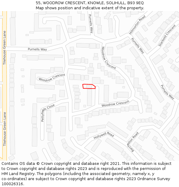 55, WOODROW CRESCENT, KNOWLE, SOLIHULL, B93 9EQ: Location map and indicative extent of plot