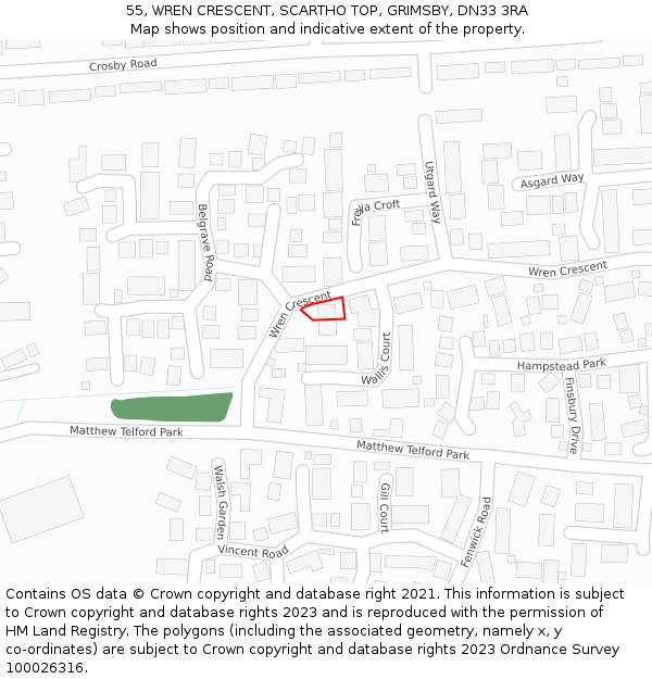 55, WREN CRESCENT, SCARTHO TOP, GRIMSBY, DN33 3RA: Location map and indicative extent of plot