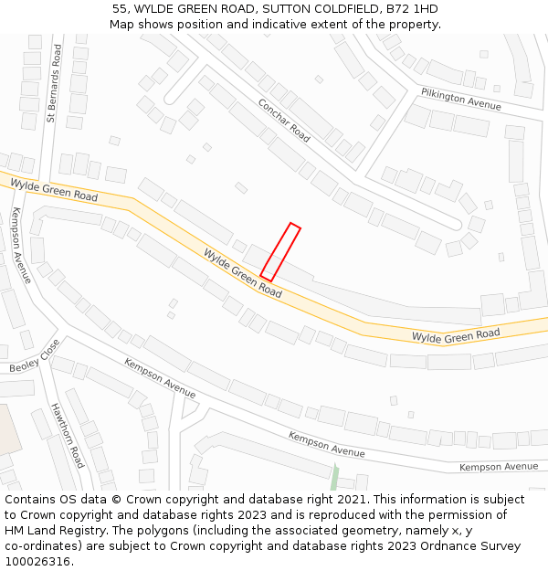 55, WYLDE GREEN ROAD, SUTTON COLDFIELD, B72 1HD: Location map and indicative extent of plot