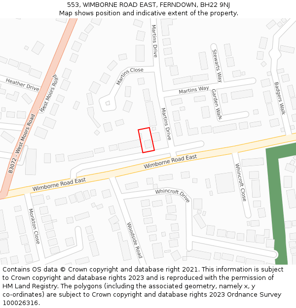 553, WIMBORNE ROAD EAST, FERNDOWN, BH22 9NJ: Location map and indicative extent of plot