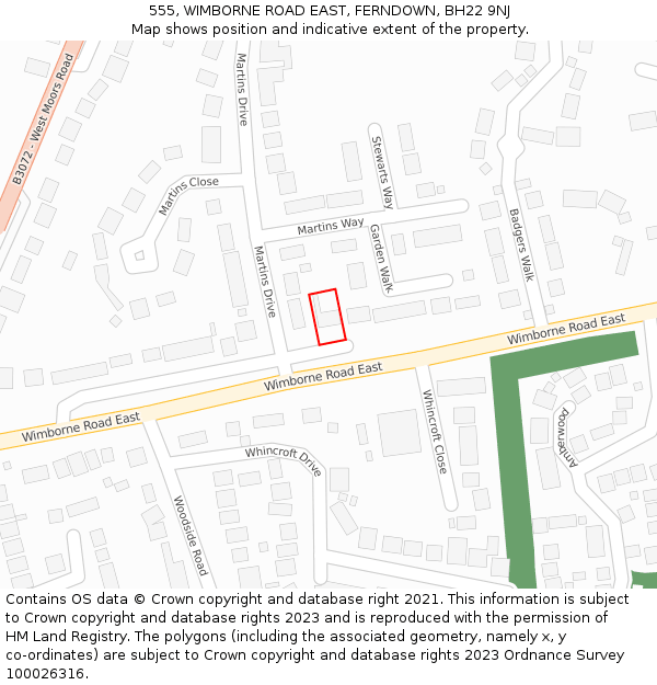 555, WIMBORNE ROAD EAST, FERNDOWN, BH22 9NJ: Location map and indicative extent of plot