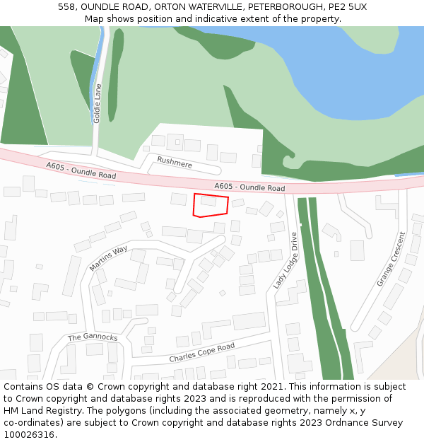 558, OUNDLE ROAD, ORTON WATERVILLE, PETERBOROUGH, PE2 5UX: Location map and indicative extent of plot