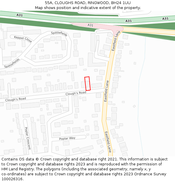 55A, CLOUGHS ROAD, RINGWOOD, BH24 1UU: Location map and indicative extent of plot