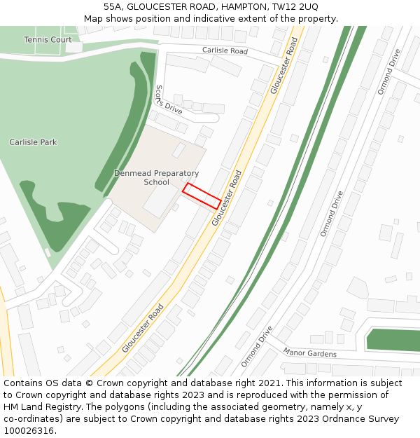 55A, GLOUCESTER ROAD, HAMPTON, TW12 2UQ: Location map and indicative extent of plot