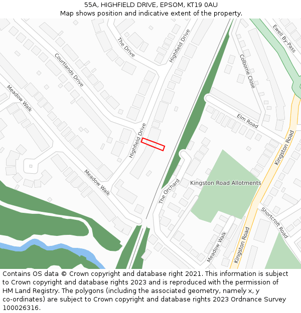 55A, HIGHFIELD DRIVE, EPSOM, KT19 0AU: Location map and indicative extent of plot