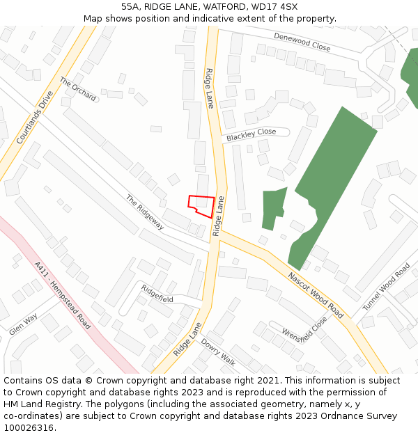 55A, RIDGE LANE, WATFORD, WD17 4SX: Location map and indicative extent of plot