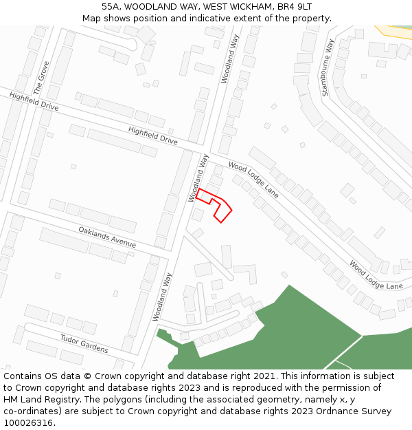 55A, WOODLAND WAY, WEST WICKHAM, BR4 9LT: Location map and indicative extent of plot