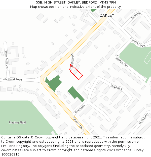 55B, HIGH STREET, OAKLEY, BEDFORD, MK43 7RH: Location map and indicative extent of plot