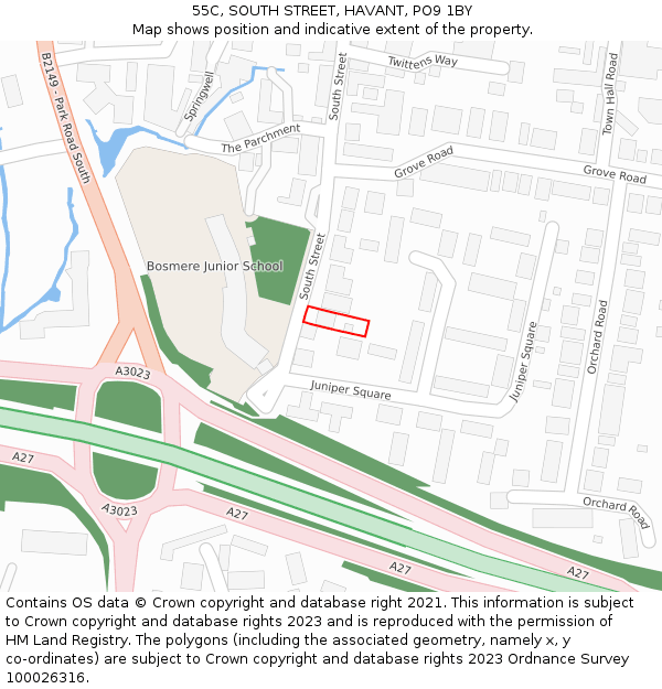 55C, SOUTH STREET, HAVANT, PO9 1BY: Location map and indicative extent of plot