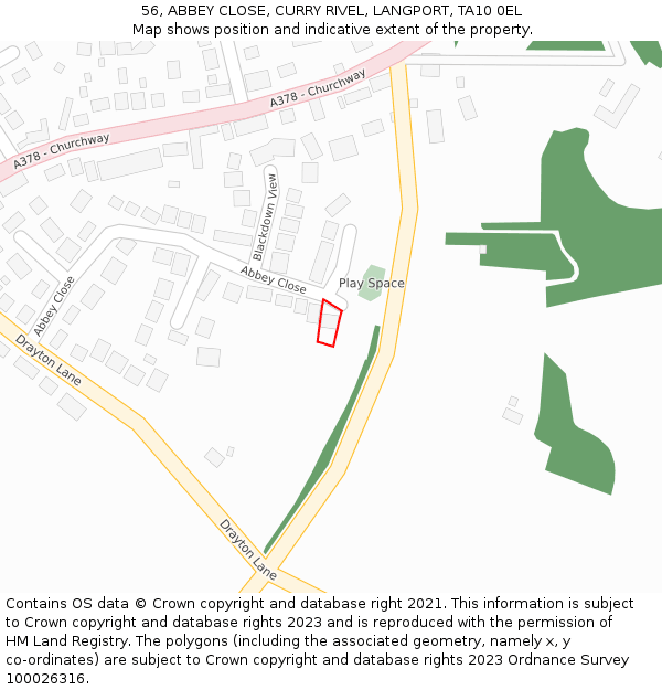 56, ABBEY CLOSE, CURRY RIVEL, LANGPORT, TA10 0EL: Location map and indicative extent of plot