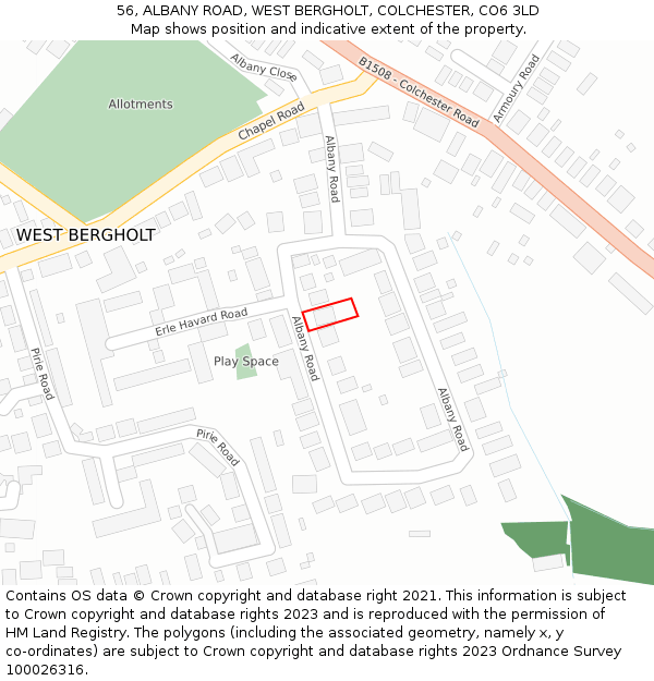 56, ALBANY ROAD, WEST BERGHOLT, COLCHESTER, CO6 3LD: Location map and indicative extent of plot