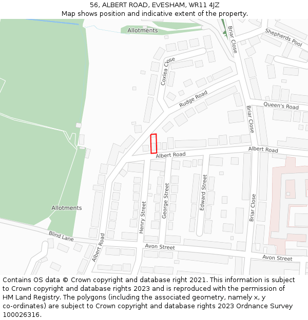 56, ALBERT ROAD, EVESHAM, WR11 4JZ: Location map and indicative extent of plot