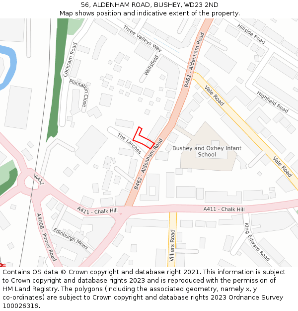 56, ALDENHAM ROAD, BUSHEY, WD23 2ND: Location map and indicative extent of plot