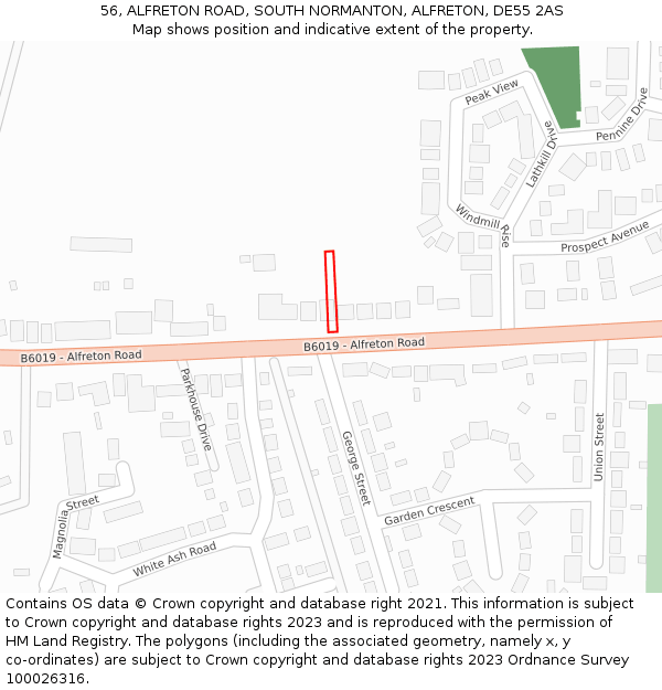 56, ALFRETON ROAD, SOUTH NORMANTON, ALFRETON, DE55 2AS: Location map and indicative extent of plot