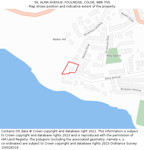 56, ALMA AVENUE, FOULRIDGE, COLNE, BB8 7NS: Location map and indicative extent of plot