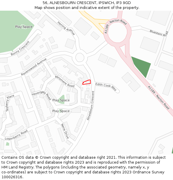 56, ALNESBOURN CRESCENT, IPSWICH, IP3 9GD: Location map and indicative extent of plot