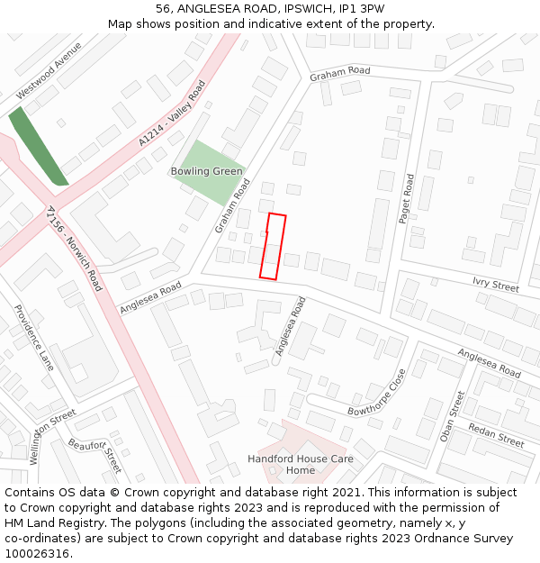 56, ANGLESEA ROAD, IPSWICH, IP1 3PW: Location map and indicative extent of plot