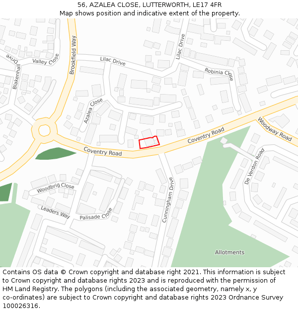 56, AZALEA CLOSE, LUTTERWORTH, LE17 4FR: Location map and indicative extent of plot