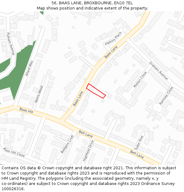 56, BAAS LANE, BROXBOURNE, EN10 7EL: Location map and indicative extent of plot
