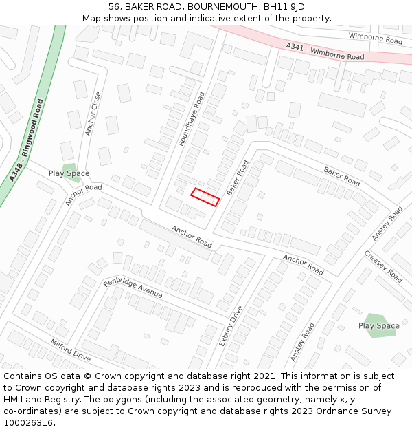 56, BAKER ROAD, BOURNEMOUTH, BH11 9JD: Location map and indicative extent of plot