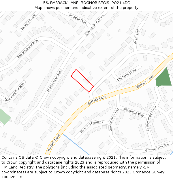 56, BARRACK LANE, BOGNOR REGIS, PO21 4DD: Location map and indicative extent of plot