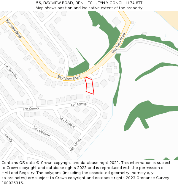 56, BAY VIEW ROAD, BENLLECH, TYN-Y-GONGL, LL74 8TT: Location map and indicative extent of plot