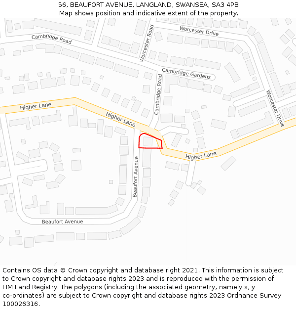 56, BEAUFORT AVENUE, LANGLAND, SWANSEA, SA3 4PB: Location map and indicative extent of plot