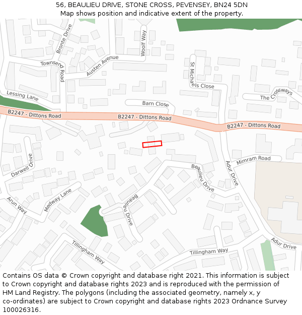 56, BEAULIEU DRIVE, STONE CROSS, PEVENSEY, BN24 5DN: Location map and indicative extent of plot
