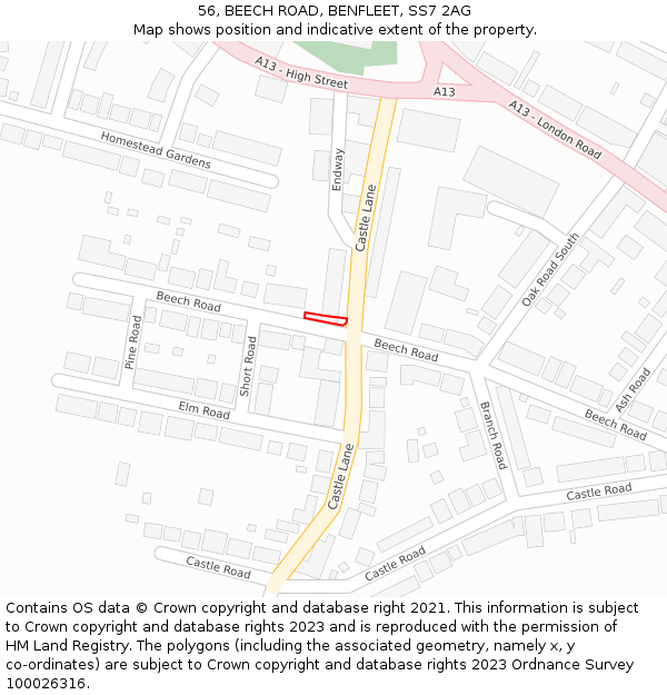 56, BEECH ROAD, BENFLEET, SS7 2AG: Location map and indicative extent of plot