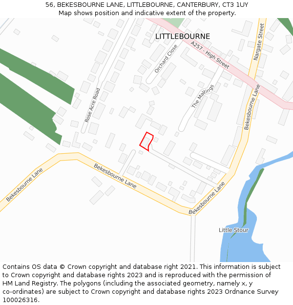 56, BEKESBOURNE LANE, LITTLEBOURNE, CANTERBURY, CT3 1UY: Location map and indicative extent of plot
