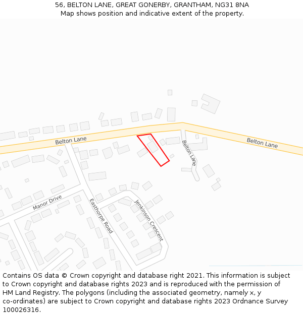 56, BELTON LANE, GREAT GONERBY, GRANTHAM, NG31 8NA: Location map and indicative extent of plot