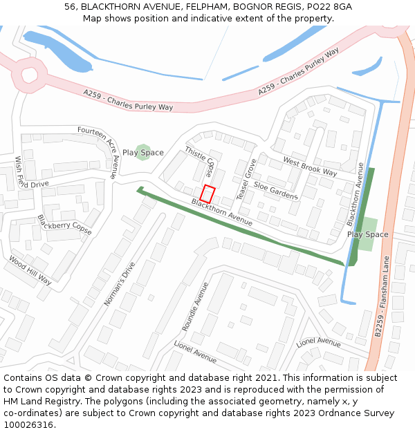 56, BLACKTHORN AVENUE, FELPHAM, BOGNOR REGIS, PO22 8GA: Location map and indicative extent of plot