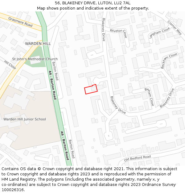 56, BLAKENEY DRIVE, LUTON, LU2 7AL: Location map and indicative extent of plot