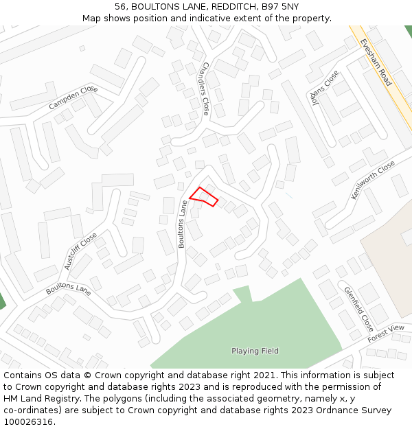 56, BOULTONS LANE, REDDITCH, B97 5NY: Location map and indicative extent of plot