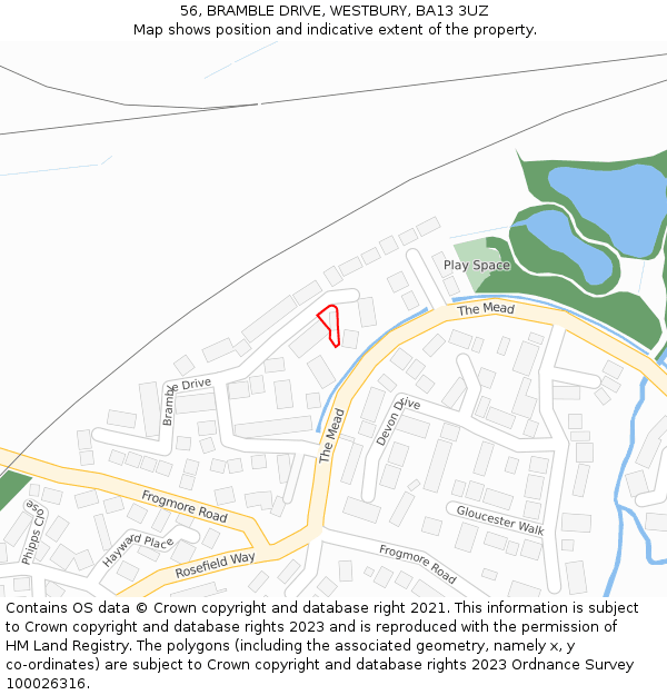 56, BRAMBLE DRIVE, WESTBURY, BA13 3UZ: Location map and indicative extent of plot