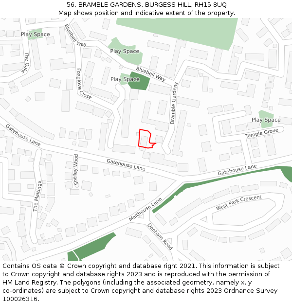 56, BRAMBLE GARDENS, BURGESS HILL, RH15 8UQ: Location map and indicative extent of plot