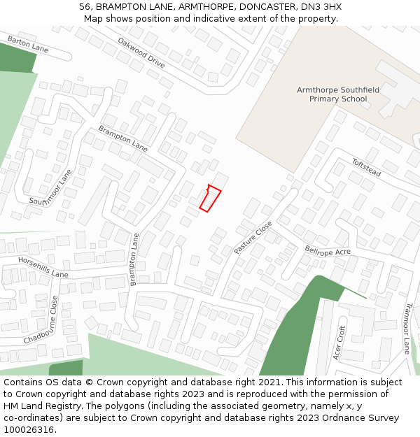 56, BRAMPTON LANE, ARMTHORPE, DONCASTER, DN3 3HX: Location map and indicative extent of plot