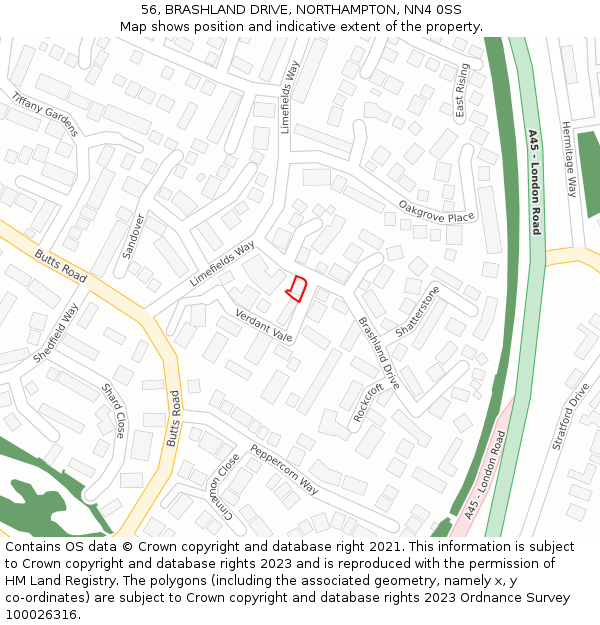 56, BRASHLAND DRIVE, NORTHAMPTON, NN4 0SS: Location map and indicative extent of plot