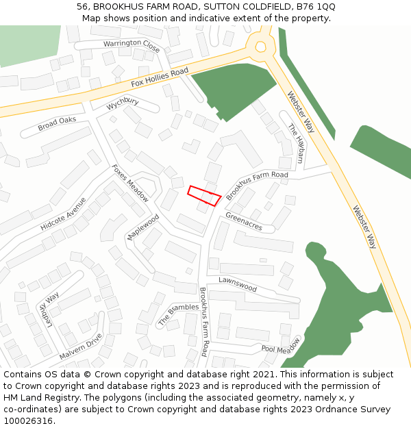 56, BROOKHUS FARM ROAD, SUTTON COLDFIELD, B76 1QQ: Location map and indicative extent of plot