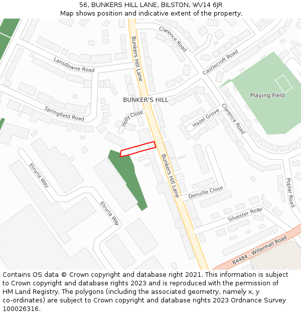 56, BUNKERS HILL LANE, BILSTON, WV14 6JR: Location map and indicative extent of plot