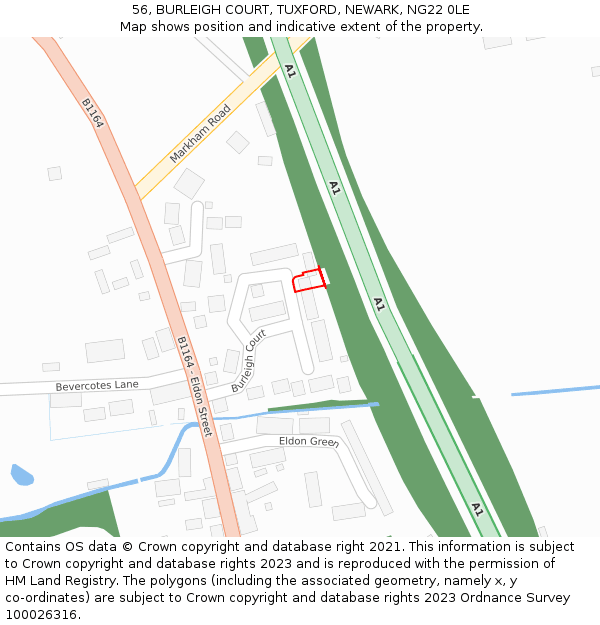 56, BURLEIGH COURT, TUXFORD, NEWARK, NG22 0LE: Location map and indicative extent of plot