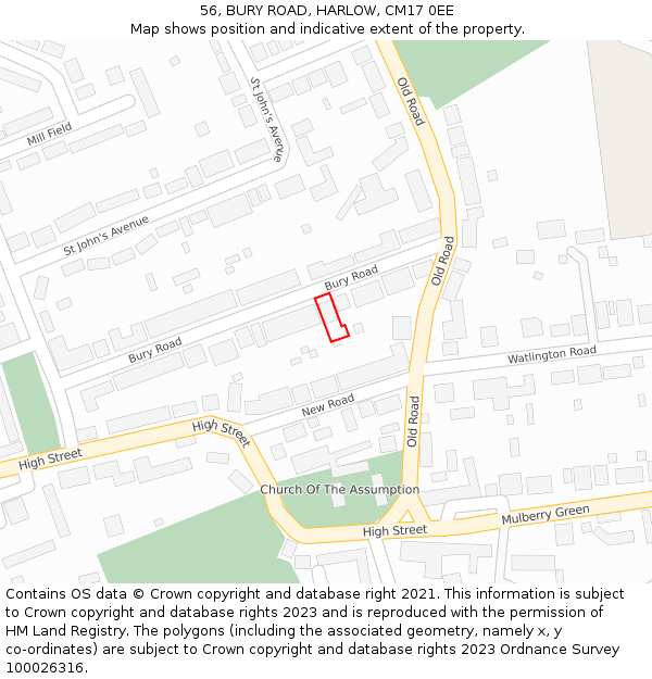 56, BURY ROAD, HARLOW, CM17 0EE: Location map and indicative extent of plot